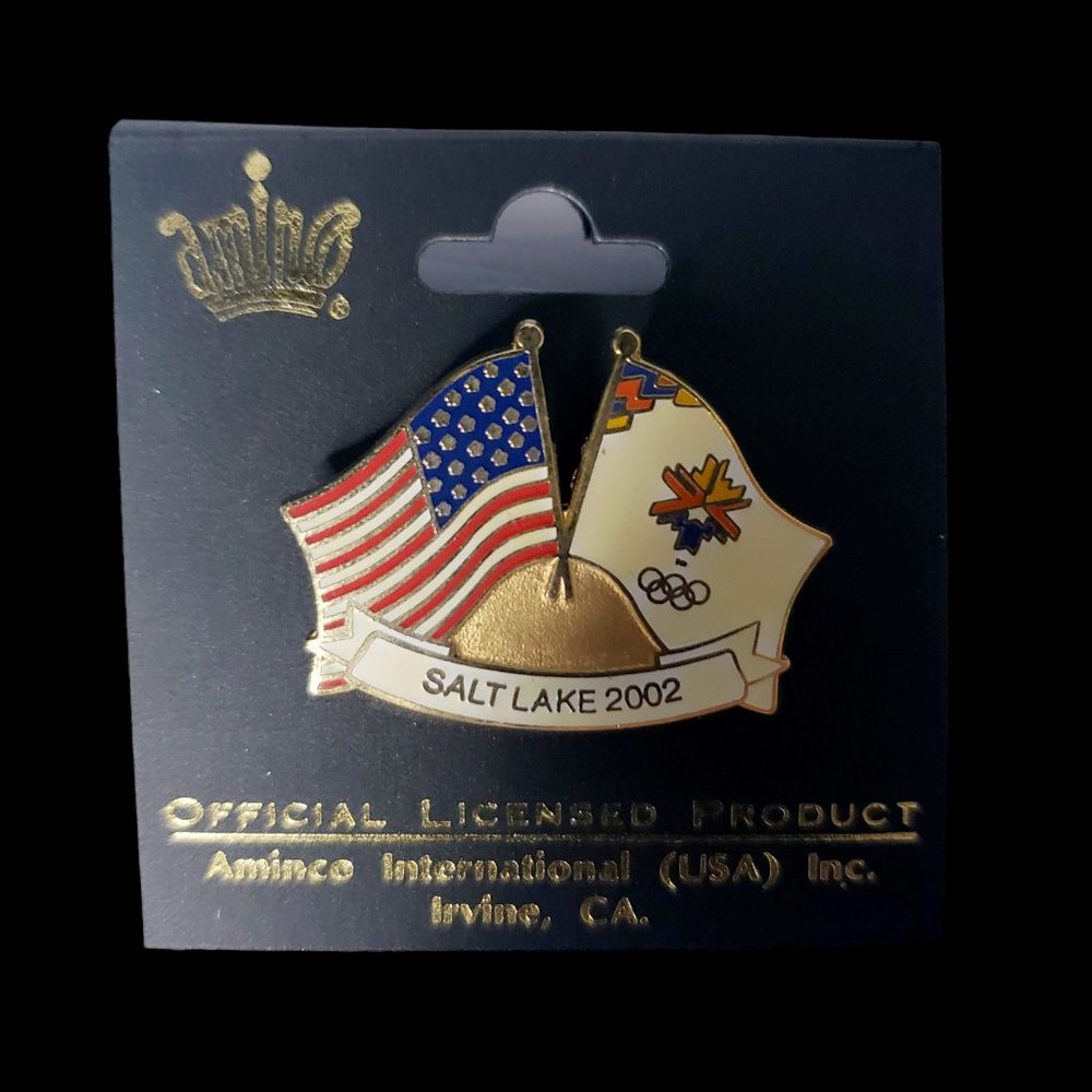 2002 Salt Lake City Olympics USA & Olympic Crossed Flags Hat or Lapel Pin
